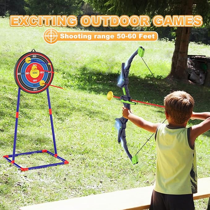 2 Pack Kids Bow and Arrow Set with LED Flash Lights, 14 Suction Cup Arrows and Fluorescence Standing Target-Perfect Indoor and Outdoor Game Archery Set Toy Gift for 4 5 6 7 8-12 Year Old Boys