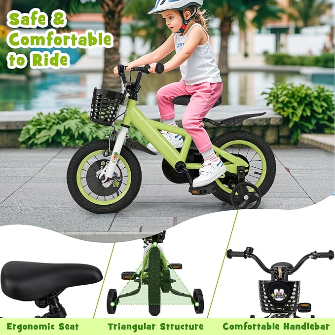 BABY JOY Rabbit Pilot Sporty Kids Bike, 12 14 16 18 Inch Child Bike for 3-8 Years Old with Adjustable Height, Training Wheels, Storage Basket, Handbrake & Coaster Brake, Kids Bicycle for Girls Boys