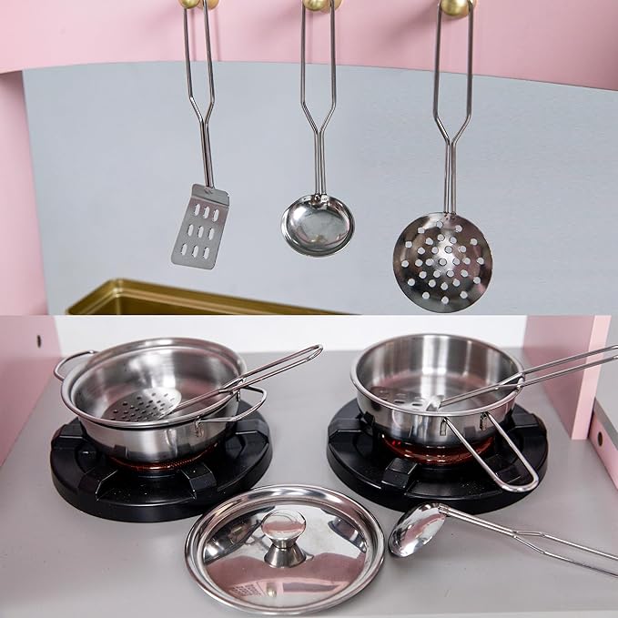 Kids Kitchen Playset with Lights & Sounds, Wooden Corner Play Kitchen with Sink,Oven, Ice Maker & Pretend Play Accessories, Educational Toy Kitchen Set for Toddlers, Pink