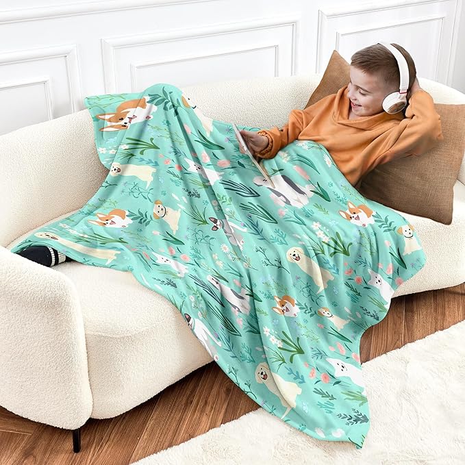 Wajade Floral Puppy Dog Blanket for Kids Toddler Soft Flannel Sage Green Bed Blanket for Kids Adults Teens Plush Cute Christmas Birthday Gifts 50"x60"