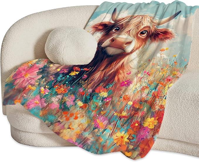 Highland Cow Blanket Cute Cattle Throw Blankets for Girls Boys Women Men Gifts Plush Cozy Flannel Fleece Fuzzy Flower Blanket for Bed Couch Sofa 60"X50"