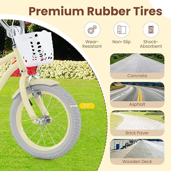 COSTWAY Kids Bike, 12 14 16 18 Inch Toddler Bike Children Bicycle w/Training Wheels, Hand & Coaster Brakes, Adjustable Saddle & Handlebar, Basket, Bell, Kids Bicycle for Girls Boys Aged 3-8 Years Old