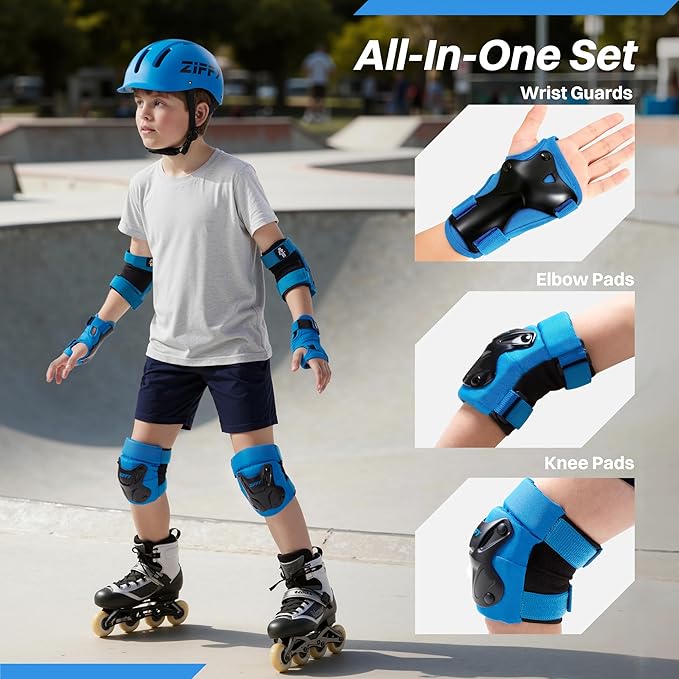 ZIFFY Knee Pads for Kids, Adjustable Knee and Elbow Pads Set with Wrist Guard, Protective Gear for Boys Girls Skateboard Roller Skating Cycling Bike – 2 Sizes, 4 Colors by Jova