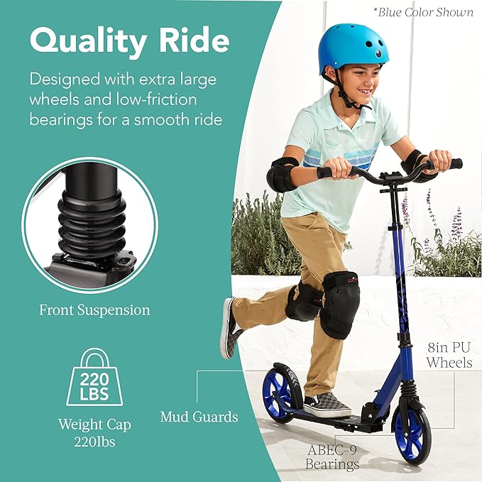 Best Choice Products Kids Height Adjustable Kick Scooter for Ages 8+, Teen, Adult, Outdoor Play w/Carrying Strap, Non-Slip Deck, Kickstand, Mud Guards, 220lb Capacity - Black