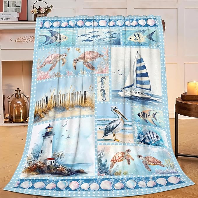 Ocean Nautical Throw Blanket, Nautical Coastal Fleece Blanket Gifts for Boys Girls, Warm Cozy Soft Flannel Throw Stuff for Bed Sofa Couch 50" x 40"