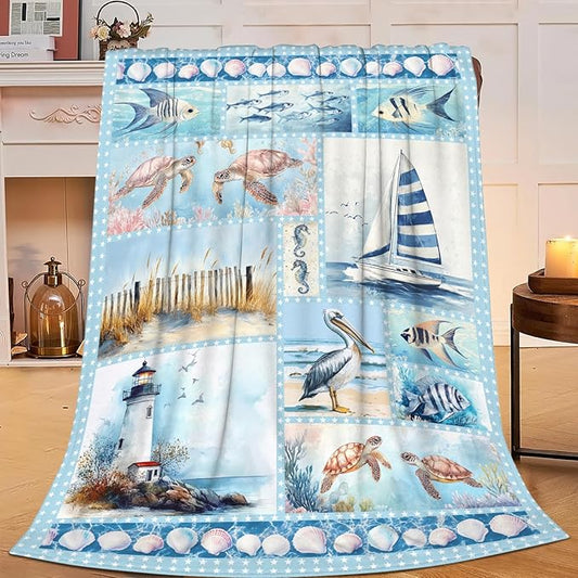 Ocean Nautical Throw Blanket, Nautical Coastal Fleece Blanket Gifts for Boys Girls, Warm Cozy Soft Flannel Throw Stuff for Bed Sofa Couch 80" x 60"