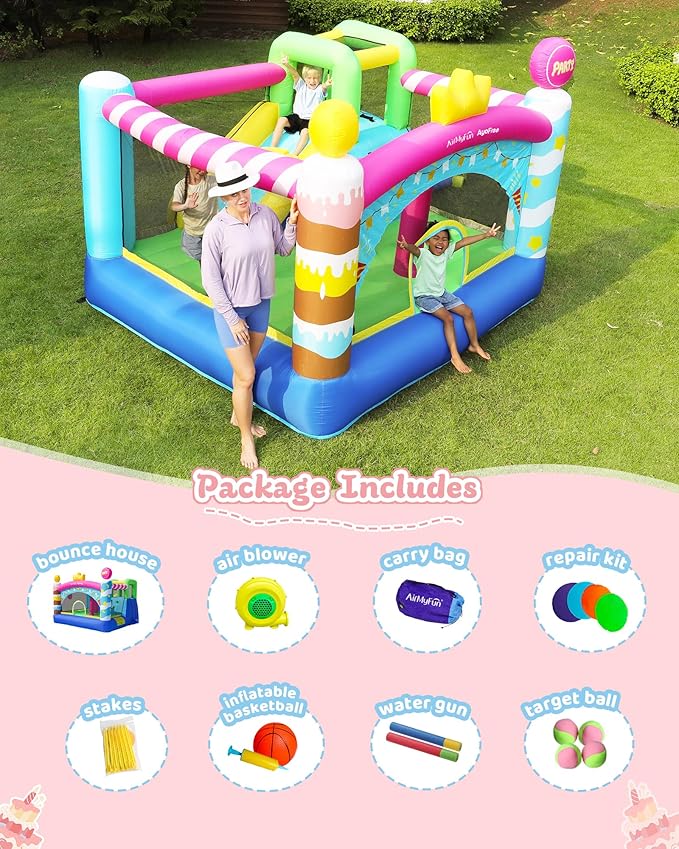 AirMyFun & AyoFree Bounce House, Bouncy House with Slide, Indoor Outdoor Inflatable Bounce House for Kids, Party Theme Bounce Castle with Large Jumping Area, Basketball Hoop