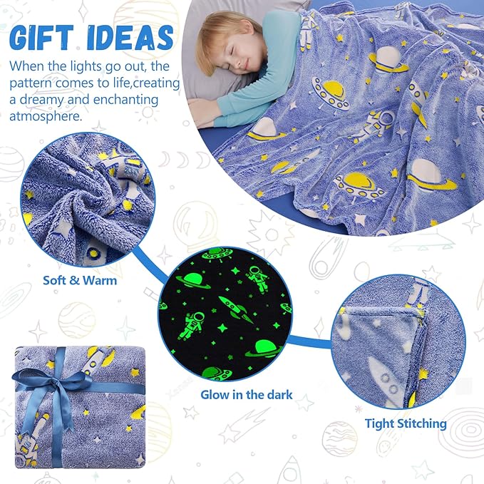 Astronauts Gifts Toys for Boys Kids, Glow in The Dark Astronauts Blanket,Birthday Presents Decor for Kids Age 3-14 Year Old Son Teen Child Toddler Luminous Christmas Bedroom Blanket 50"x60"