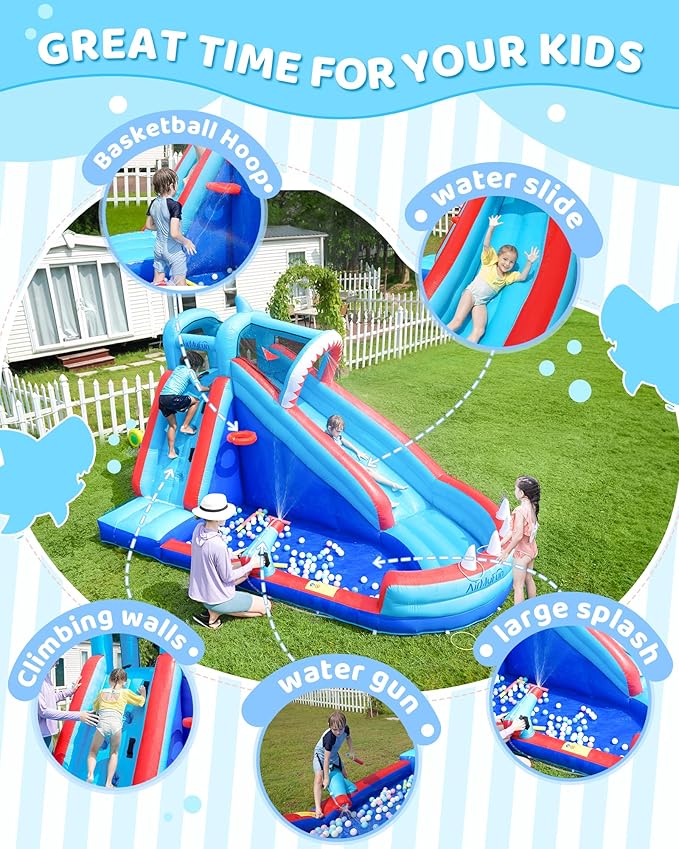 AirMyFun Bounce House, Sharks Theme Inflatable Bouncy House with Slide, Kids Bounce House Water Park with Water Slides Bouncer Castle with Splash Pool, Climbing Wall, Ball Shooting
