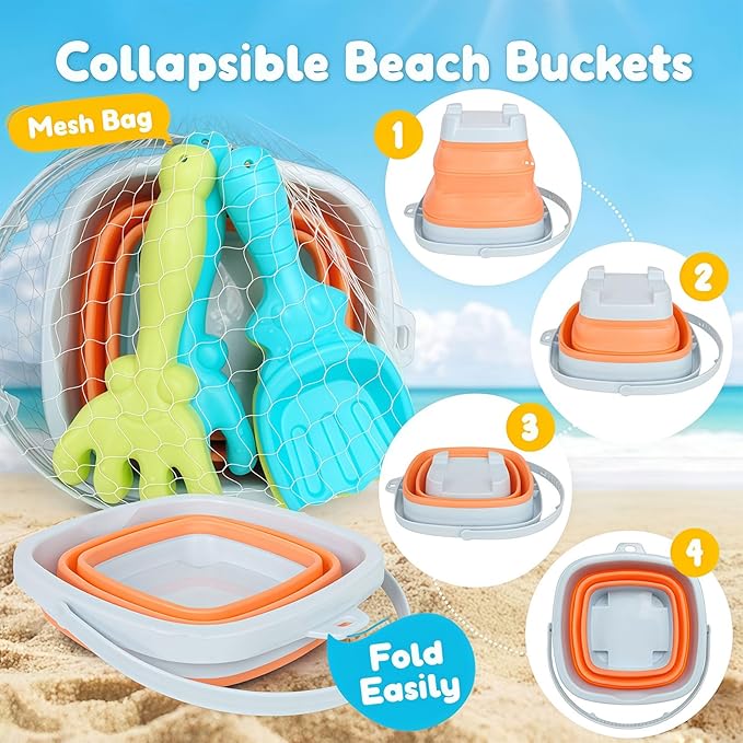 USATDD Beach Toys for Kids with Collapsible Bucket, Sand Rake and Shovel, Collapsible Beach Bucket Travel Sand Toys for Toddlers Kids