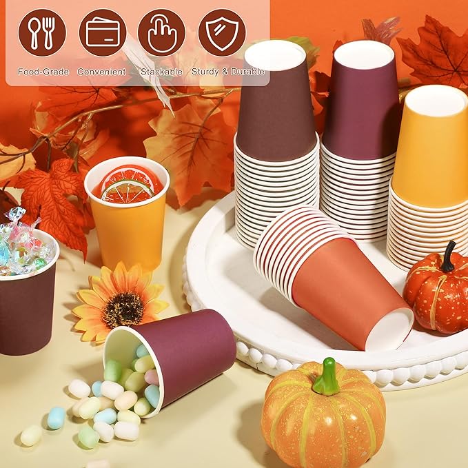 72 Pieces Thanksgiving Fall Paper Cups 9 Oz Disposable Coffee Paper Cups Autumn Party Cup Beverage Drinking Cup for Autumn Harvest, Party, DIY, and Picnic (Yellow, Orange, Brown, Dark Purple)