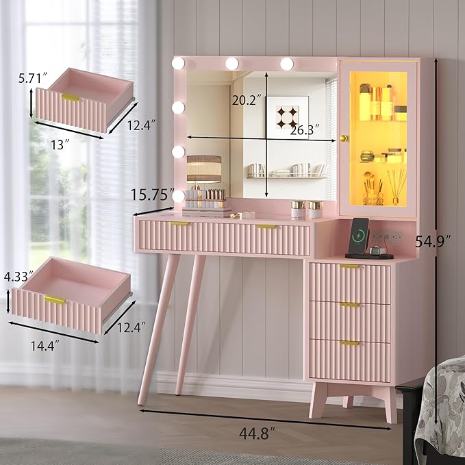45” Fluted Makeup Vanity Desk with Mirror and Lights, Glass Top Dressing Table with 5 Drawers, LED Lighted Adjustable Cabinet, Trays & Charging Station for Bedroom Dressing Room