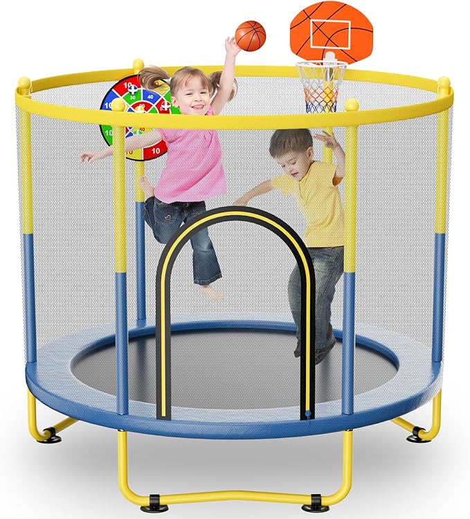 6FT Indoor Trampoline for Kids Ages 1-8, 72" Mini Toddler Indoor & Outdoor Trampoline with Safety Enclosure Net, Basketball Hoop & Dart Board, Birthday Gifts for Boys & Girls, Baby Toddler