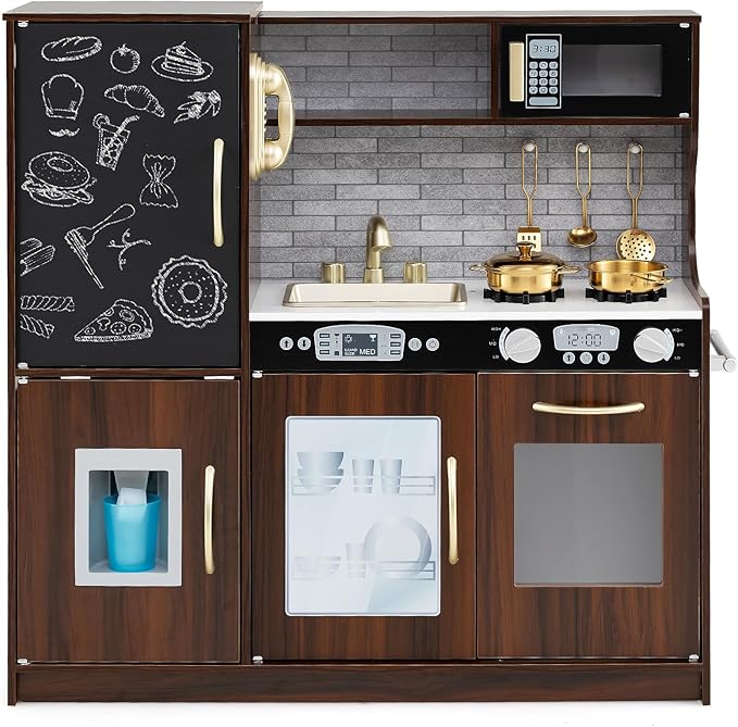 Costzon Kids Kitchen Playset, Wooden Pretend Cooking Toy Set w/Real Sound, Large Blackboard, Telephone, Microwave, Ice Maker, Dishwasher, Oven, Storage Space, Play Kitchen for Kids Ages 3+ (Brown)