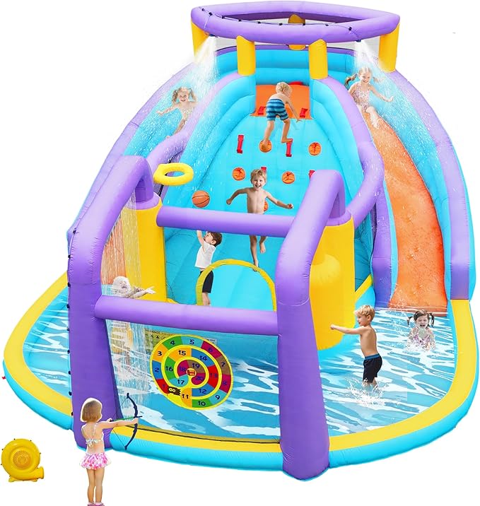 Inflatable Bounce House Water Slide Combo, Blow Up Water Slides for Backyard, Kids Jumper with Climbing Wall, Basketball Hoop, Splash Pool with Blower (Double Water Slide)