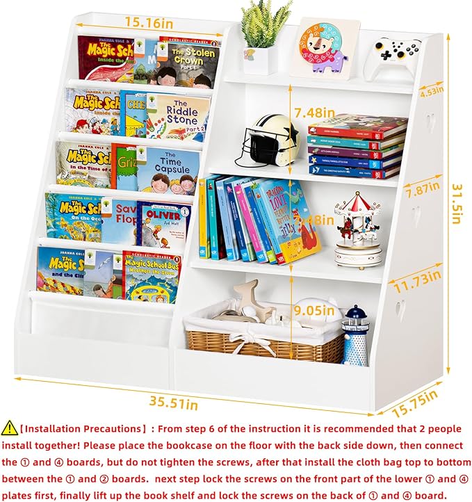 Lerliuo 4 Tier Kids Bookshelf and Storage Organizer, Five Layer Sling Children Bookcase, Baby Toddler Wooden Book Shelf, Display Cabinet for Playroom, Bedroom, Classroom, Nursery, School (White)