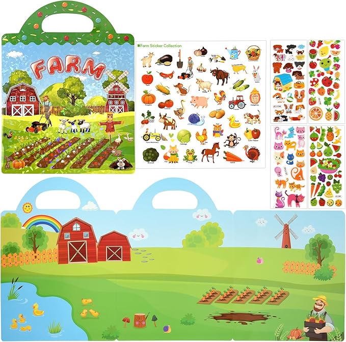 ASTARON Reusable Sticker Book for Toddlers, 88 Pcs Farm Harvest Stickers Road Trip Activities Car Airplane Activities Travel Toys for Kids, Kids Quiet Time Activities (2-6 Age)