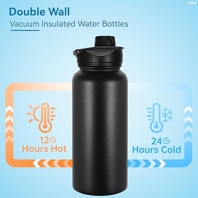 VEGOND 32 oz Insulated Water Bottle Bulk Stainless Steel Metal Water Bottles with Leak Proof Straw Lid & Spout Lid, Wide Mouth Double Walled Vacuum Travel Sports Bottle, 8 Pack