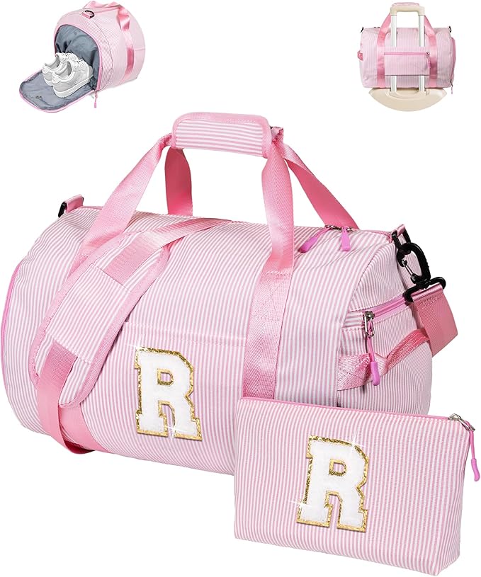 Gift for Grandkids, Girls Travel Duffle Bag, Kids Initial Overnight Bags with Shoe Compartment, Personalized Weekender Bag with Makeup Pouch, 10 Year Old Girl Birthday Gifts (Letter R)
