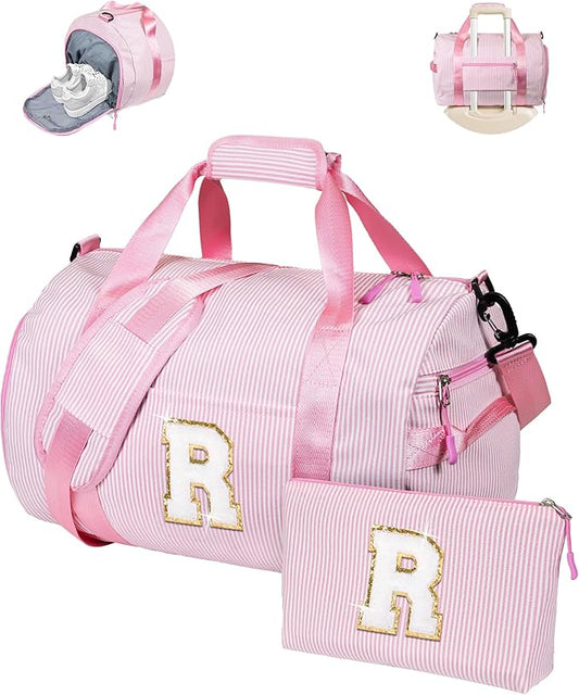 Gift for Grandkids, Girls Travel Duffle Bag, Kids Initial Overnight Bags with Shoe Compartment, Personalized Weekender Bag with Makeup Pouch, 10 Year Old Girl Birthday Gifts (Letter R)