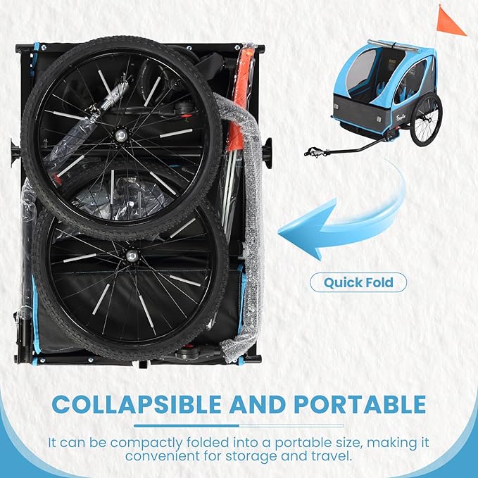 Sepnine Kids Bike Trailer, 2 in1 Canopy Carrier Converts to Pushcart Suitable for 1 to 2 Toddlers, Kids, Quick Attach to Bike, Foldable, with 5-Point Harness and Storage Bags