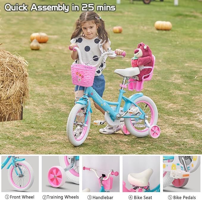 Glerc Maggie Girls Bike, 12-20 Inch Kids Bike for 2-13 Years Old Children, Princess Style Kids Bicycle with Doll-Seat & Basket & Training Wheels, Multiple Colors