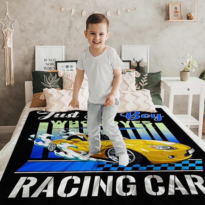 Racing Car Blanket for Boys - 40x50 Inches Cute Race Sport Car Throw Blanket Gifts for Kids Teens Cars Lovers - Black Soft Fuzzy Blankets for Couch Sofa Bed