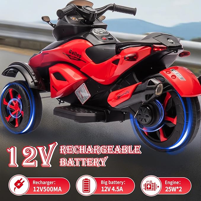 Xinyonxin 12V Kids Electric ATV, 3-Wheeler Motorcycle Ride on Toys for Toddlers w/Music, LED Lights, USB, One-Button Start, Forward/Reverse, Electric All-Terrain Car, Gift for Age 3+ (Red)