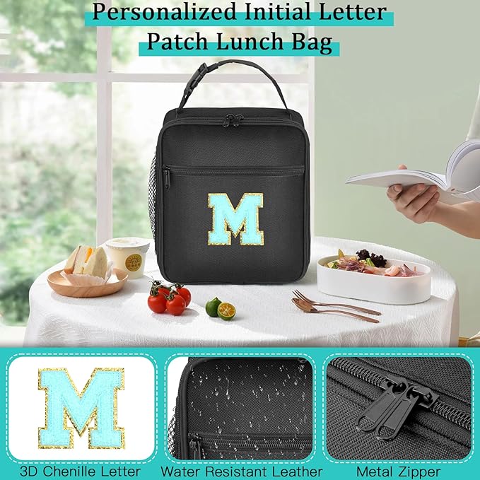 Initial Insulated Lunch Bag, Lunch Box with Initial Letter Patch for Teen Adult, Reusable Lunch Bag for Men Women, Ideal Back to School Gift Birthday Gift, Blue M