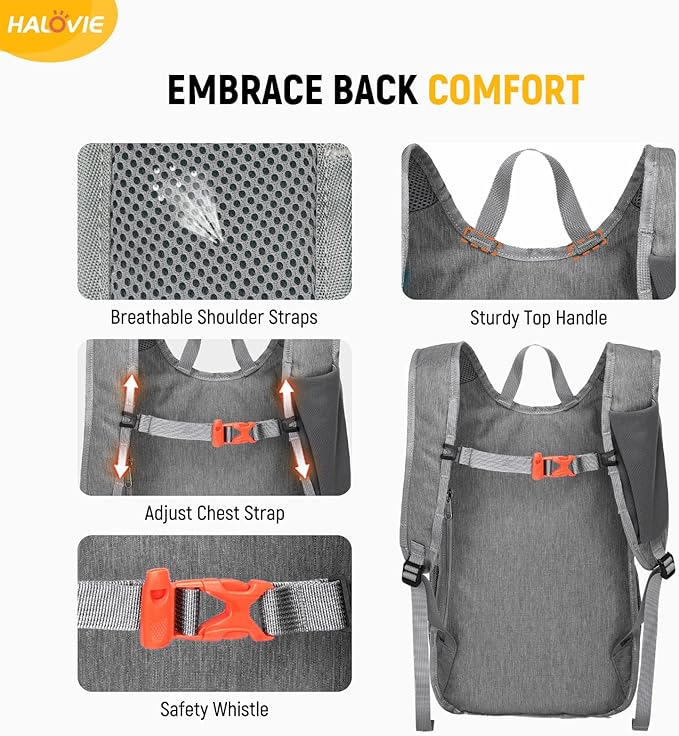 HALOVIE 15L Foldable Hiking Backpack Phone Pocket Lightweight Travel Daypack Shoulder with Chest Strap Small Packable Pack for Walking Women Men (Lightgray)