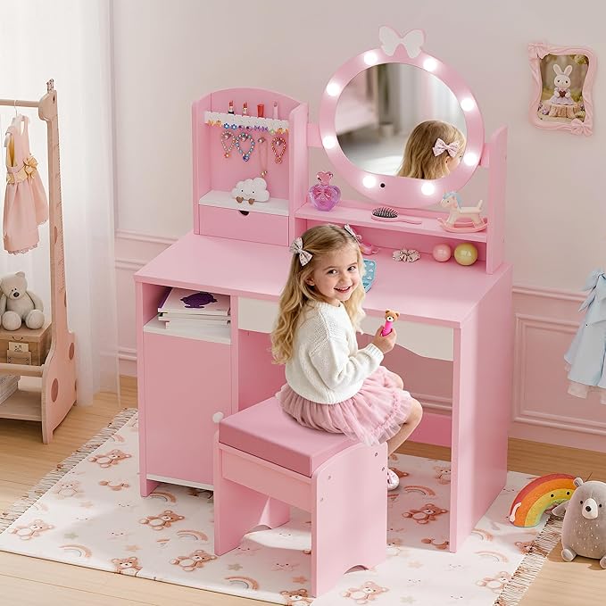 TOLEAD Kids Vanity, Girls Vanity Set with Mirror and Stool and Lights, Toddler Vanity Table and Chair Set with Jewelry Storage, Wooden Princess Makeup Desk Dressing Table for Little Girls (Pink)