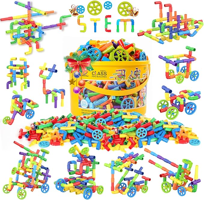 WishaLife 250 Pieces STEM Building Blocks Set, Kids Tube Locks Construction Set with Storage Box, Preschool Educational Learning Pipe Toy Gift for Toddler Aged 3+