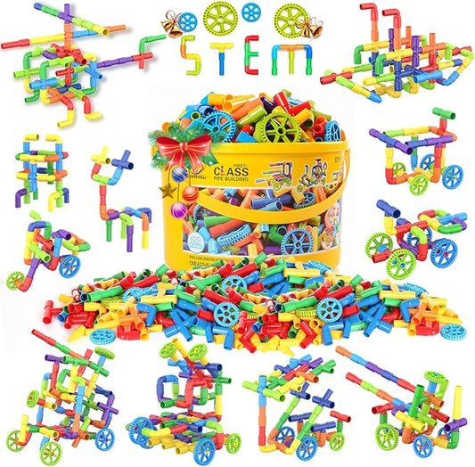 WishaLife 250 Pieces STEM Building Blocks Set, Kids Tube Locks Construction Set with Storage Box, Preschool Educational Learning Pipe Toy Gift for Toddler Aged 3+
