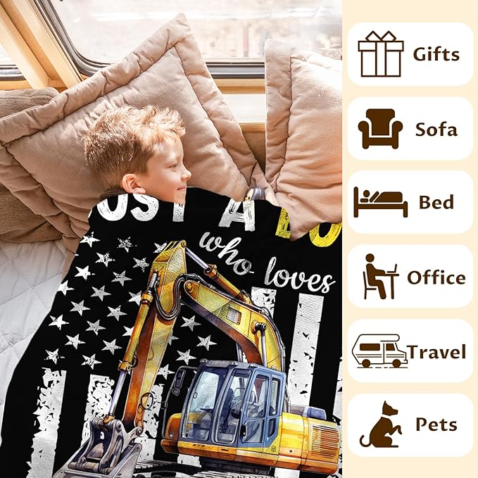 Excavator Gifts for Boys Men, Cute Car Throw Blanket for Kids Adults Construction Truck Lovers, 60x80 Inches Just A Boy Who Loves Excavators Blankets for Sofa Couch Bed