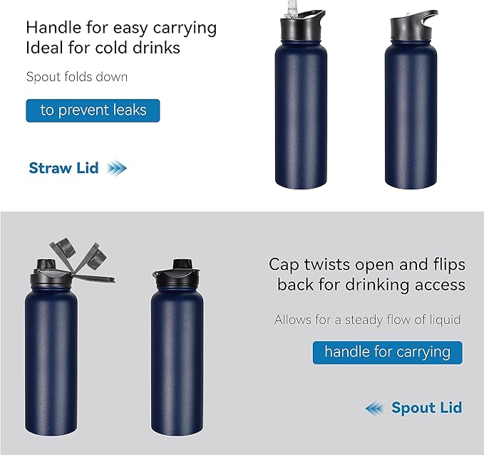 VEGOND 40 oz Insulated Water Bottle Bulk Stainless Steel Metal Water Bottles with Leak Proof Straw Lid & Spout Lid, Wide Mouth Double Walled Vacuum Travel Sports Bottle, 4 Pack