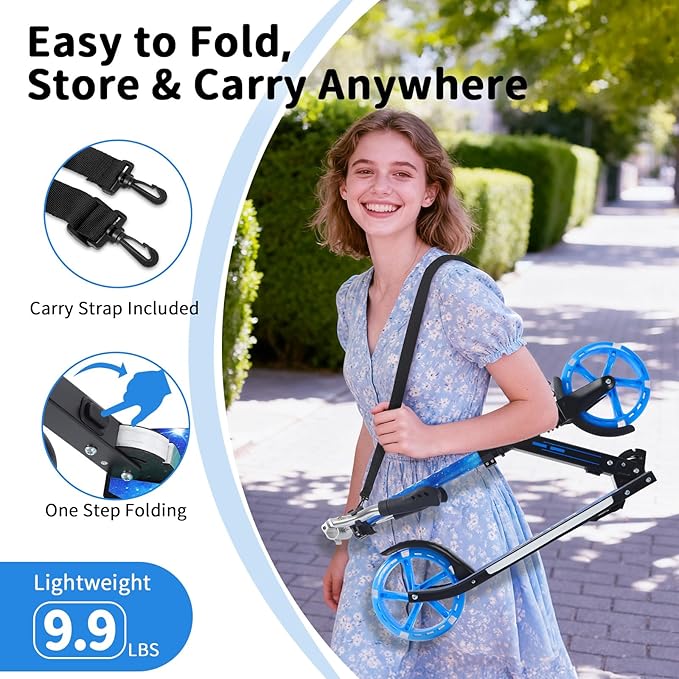 BELEEV V5 Plus Scooters for Kids Ages 6+, Teens with Light-Up Wheels & Deck, 2 Wheel Folding Lightweight Sport Scooter with 4 Adjustable Height, 8-inch Big Wheels, Carry Strap, Max Load 220 lbs