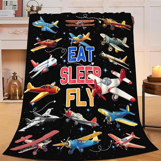 Airplane Throw Blanket for Kids, Cute Aircraft Plane Fleece Blanket Gifts for Boys Girls, Warm Cozy Soft Flannel Stuff for Bed Sofa Couch 80" x 60"
