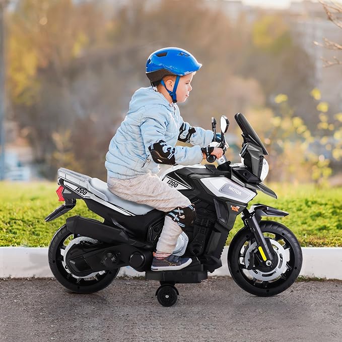 TOBBI 12V Electric Motorcycle for Kids Ride on Toys Toddler Motorbike Battery Powered Off-Road Dirt Bikes w/Music/Headlights/Training Wheels, Gifts for Boys & Girls, Silver