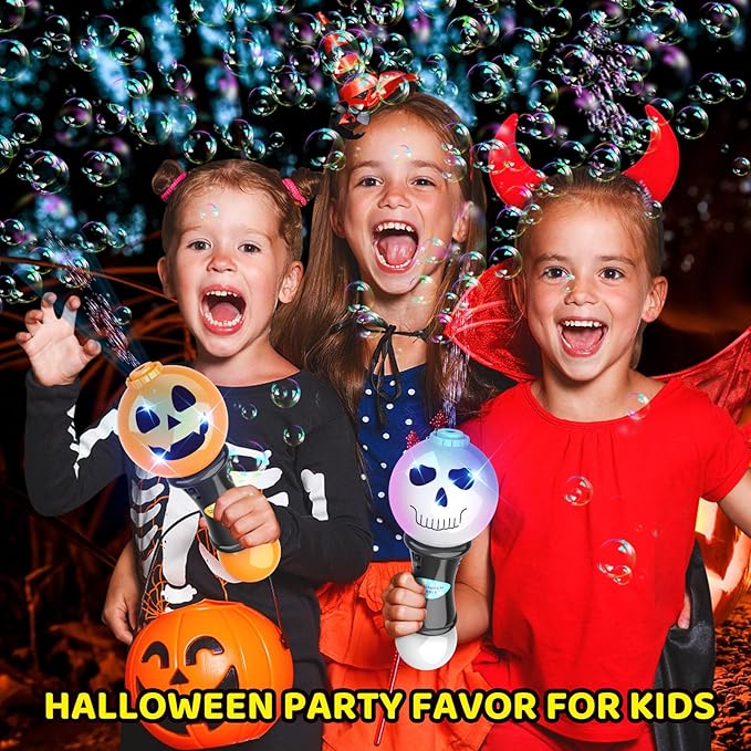 SpringFlower Halloween Toy,Bubble Blower Wand,6.7 Inch Illuminating Bubble Maker with LED Light-Up Effect for Kids,Halloween Bubble Party Favor,Pumpkin & Skull Design, 2 Pack