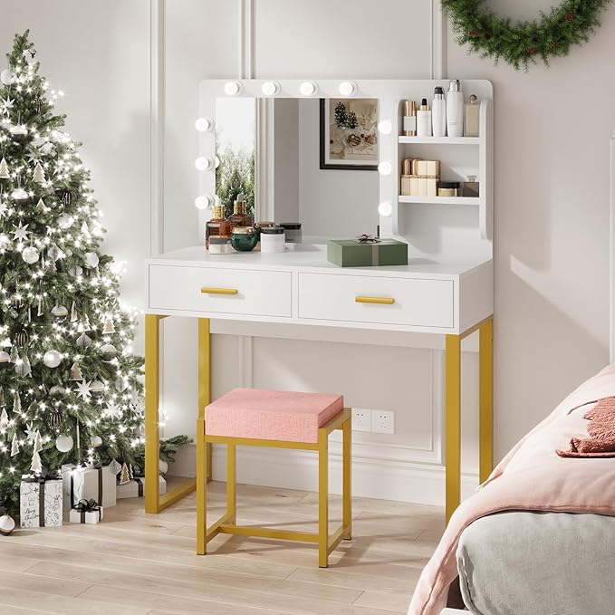 Makeup Vanity Desk with Lights,White Vanity with Lighted Mirror,Vanity Desk with 2 Storage Drawers,Vanity Set with Bench