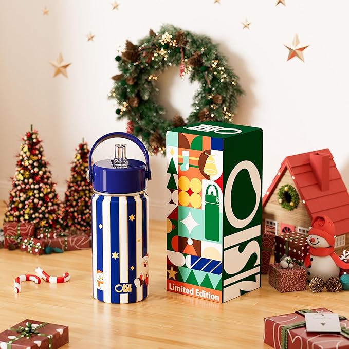OISIZ Christmas Water Bottle for Kids,14oz Insulated Cup with Straw Lid,316 Stainless Steel Bottles for School,Insulated Tumbler for Holiday Gifts for Kids,Keep Cold for 24 Hours