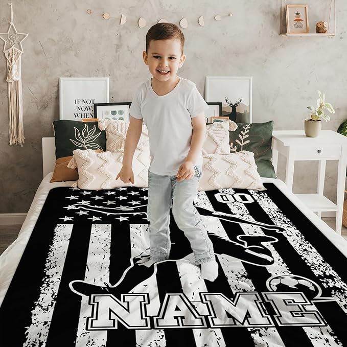 Soccer Gifts for Kids Son Grandson, Personalized 40x30 Inches Small Lap Size Soft Cozy Warm Custom with Name Soccer Blankets for Sofa Chairs