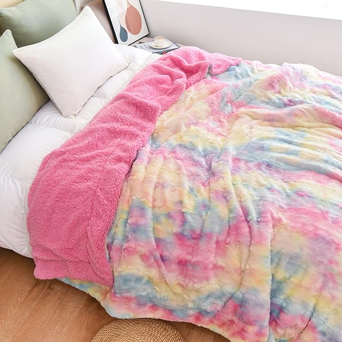 NEWCOSPLAY Super Soft Faux Fur Blanket Queen Size Light Rainbow Sherpa Fuzzy Plush Warm Blanket for Sofa Bed (Light Rainbow, Queen(90"x90"))