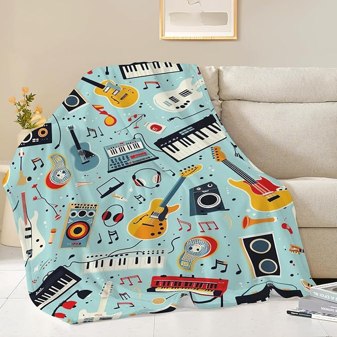 Music Blanket Musical Instruments Note Throw Blanket Gifts for Music Lovers Adults Men Women Kids Boys Girls Super Soft Cozy Plush Fluffy Fuzzy Fleece Blanket Home Decor 60''X80''