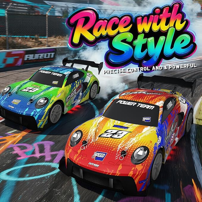 2 Pack RC Cars for Kids and Boys, Girls 4-7-8-12 Gifts, Remote Control Car, LED Lights, Head Lights, 4WD Racing Cars,2.4GHz Dual Player, Colorful Graffiti Designs