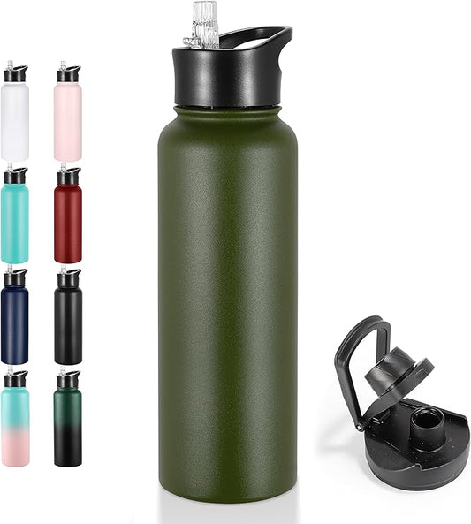VEGOND 40 oz Insulated Water Bottle Stainless Steel Metal Water Bottles with Leak Proof Straw Lid & Spout Lid, Wide Mouth Double Walled Vacuum Travel Sports Bottle, Army Green
