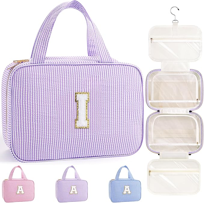 TOPEAST Travel Toiletry Bag for Women - Hanging Toiletry Bag Makeup Bag, Portable Toiletries Cosmetic Bag, Airplane Travel Essentials - Letter I, Purple