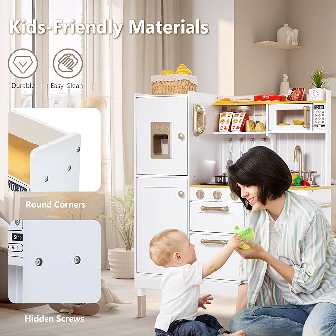 Kinder King Wooden Kids Play Kitchen, Kitchen Playset for Toddler Kid, Play Kitchen Toy Set w/Real Sounds, Pretend Microwave Oven, Ice Maker, Telephone, Gift for Boys Girls Age 3+, White