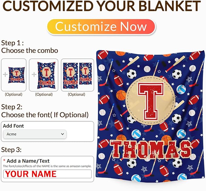 Sport Blanket Gifts for Kids Toddler Teens Sports Lovers, Personalized Throw Blanket with Name Initial Letter for Boys, Custom Soft Fuzzy Blankets for Bed Couch Sofa Decor