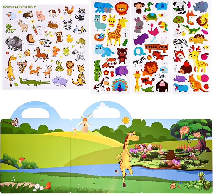 ASTARON Reusable Sticker Book for Toddlers, 88 Pcs Animal Stickers Road Trip Activities Car Airplane Activities Travel Toys for Kids, Kids Quiet Time Activities (3-6 Age)